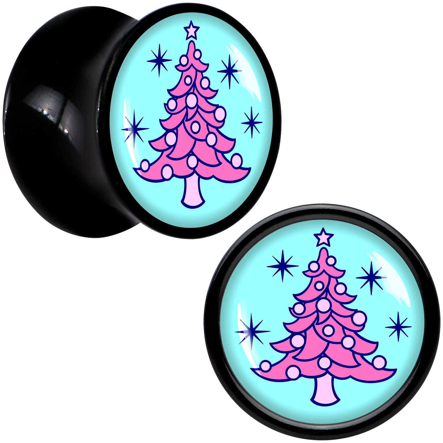 Pastel Christmas Tree Holiday Black Acrylic Saddle Plug Set by Onyx O - 10mm (00 Gauge) - PLUG Saddle