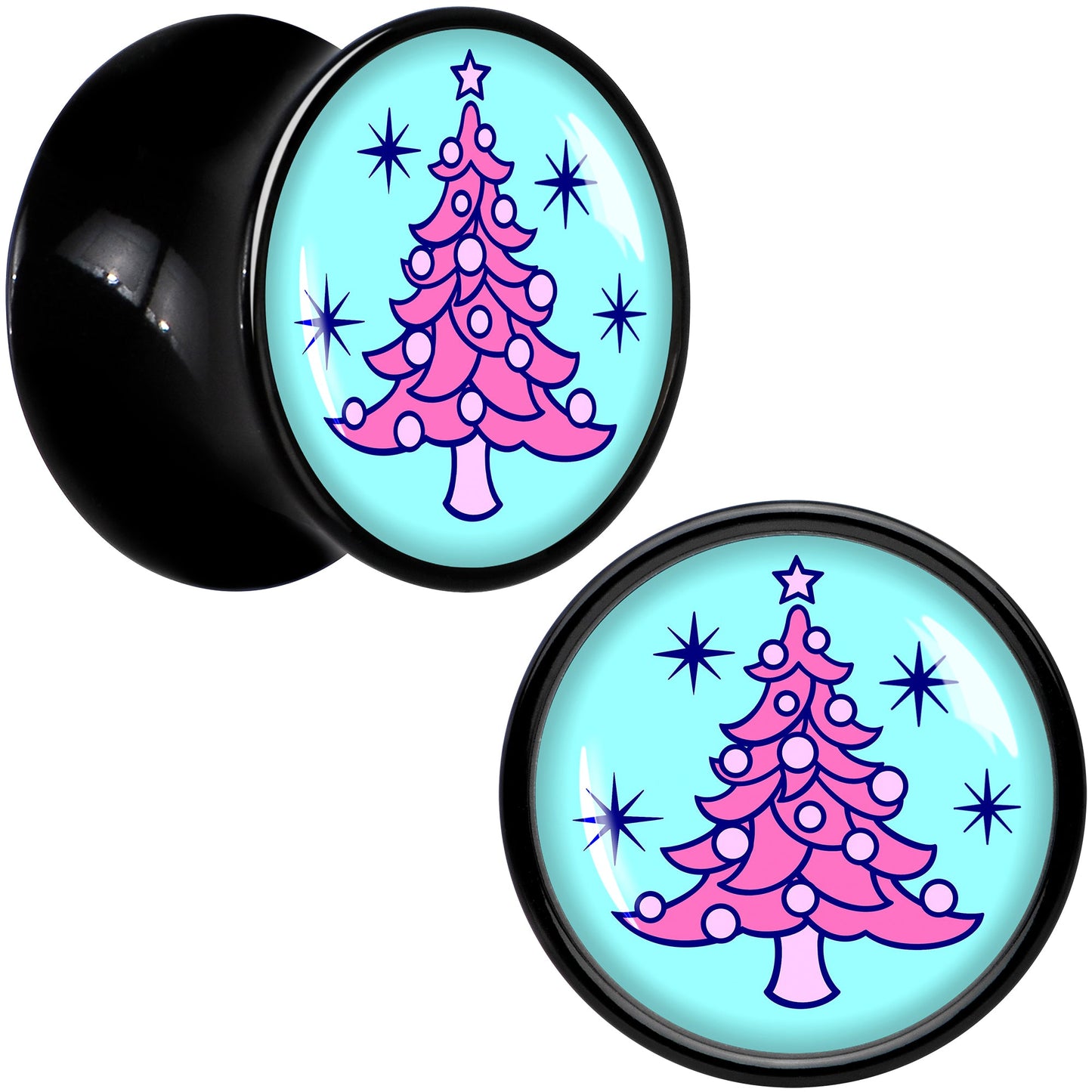 Pastel Christmas Tree Holiday Black Acrylic Saddle Plug Set by Onyx O - 12mm (1 2") - PLUG Saddle