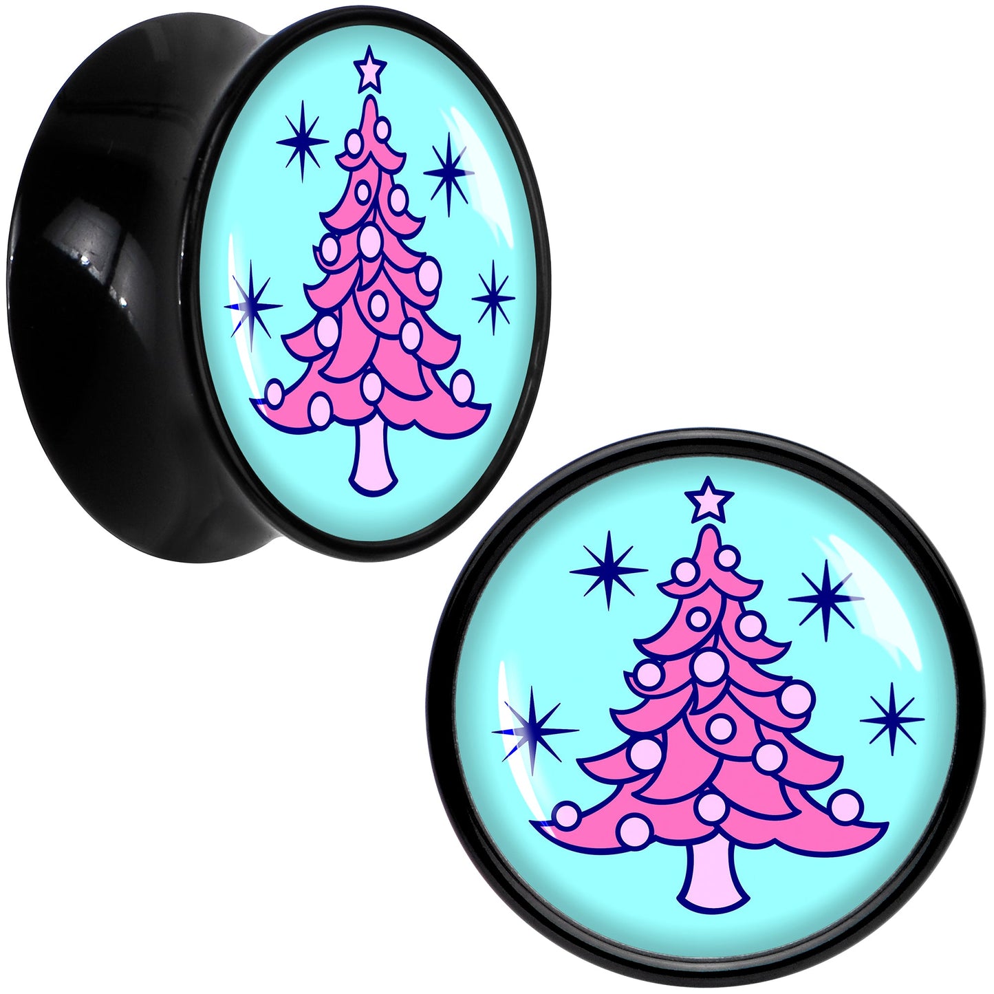 Pastel Christmas Tree Holiday Black Acrylic Saddle Plug Set by Onyx O - 14mm (9 16") - PLUG Saddle