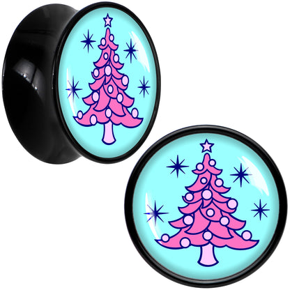 Pastel Christmas Tree Holiday Black Acrylic Saddle Plug Set by Onyx O - 14mm (9 16") - PLUG Saddle
