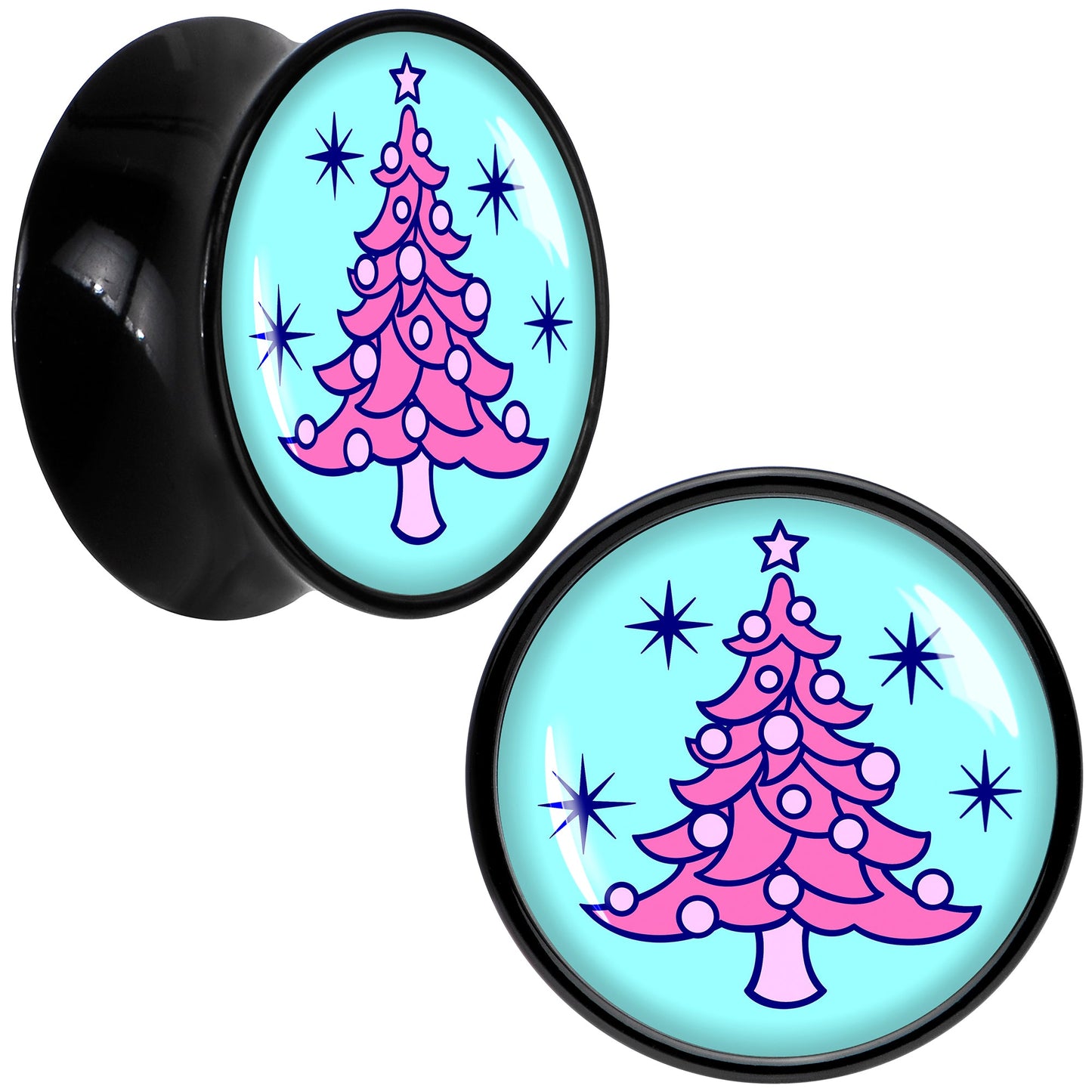 Pastel Christmas Tree Holiday Black Acrylic Saddle Plug Set by Onyx O - 16mm (5 8") - PLUG Saddle
