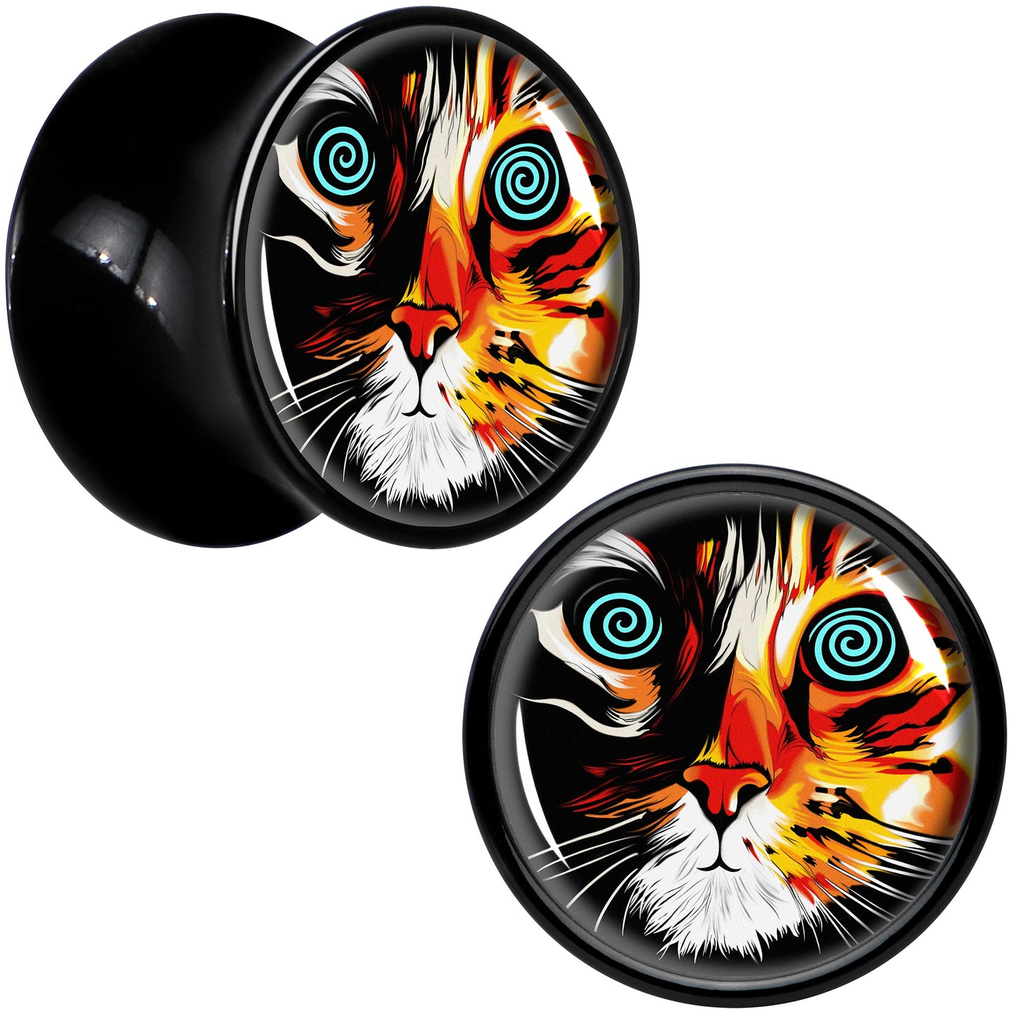 Colorful Trippy Cat Black Acrylic Saddle Plug Set 8mm to 20mm by Onyx O - 12mm (1 2") - PLUG Saddle