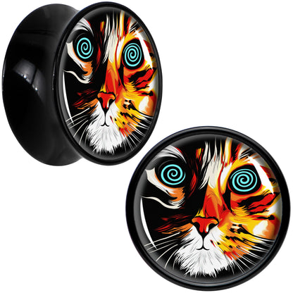 Colorful Trippy Cat Black Acrylic Saddle Plug Set 8mm to 20mm by Onyx O - 14mm (9 16") - PLUG Saddle