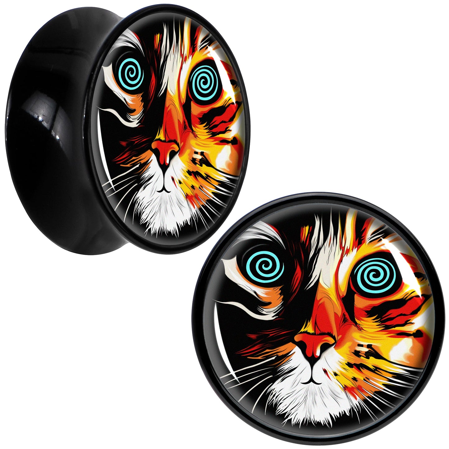 Colorful Trippy Cat Black Acrylic Saddle Plug Set 8mm to 20mm by Onyx O - 16mm (5 8") - PLUG Saddle