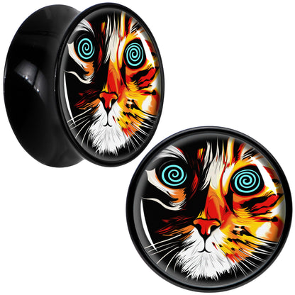 Colorful Trippy Cat Black Acrylic Saddle Plug Set 8mm to 20mm by Onyx O - 16mm (5 8") - PLUG Saddle