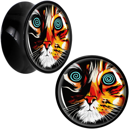 Colorful Trippy Cat Black Acrylic Saddle Plug Set 8mm to 20mm by Onyx O - 18mm (.0709") - PLUG Saddle