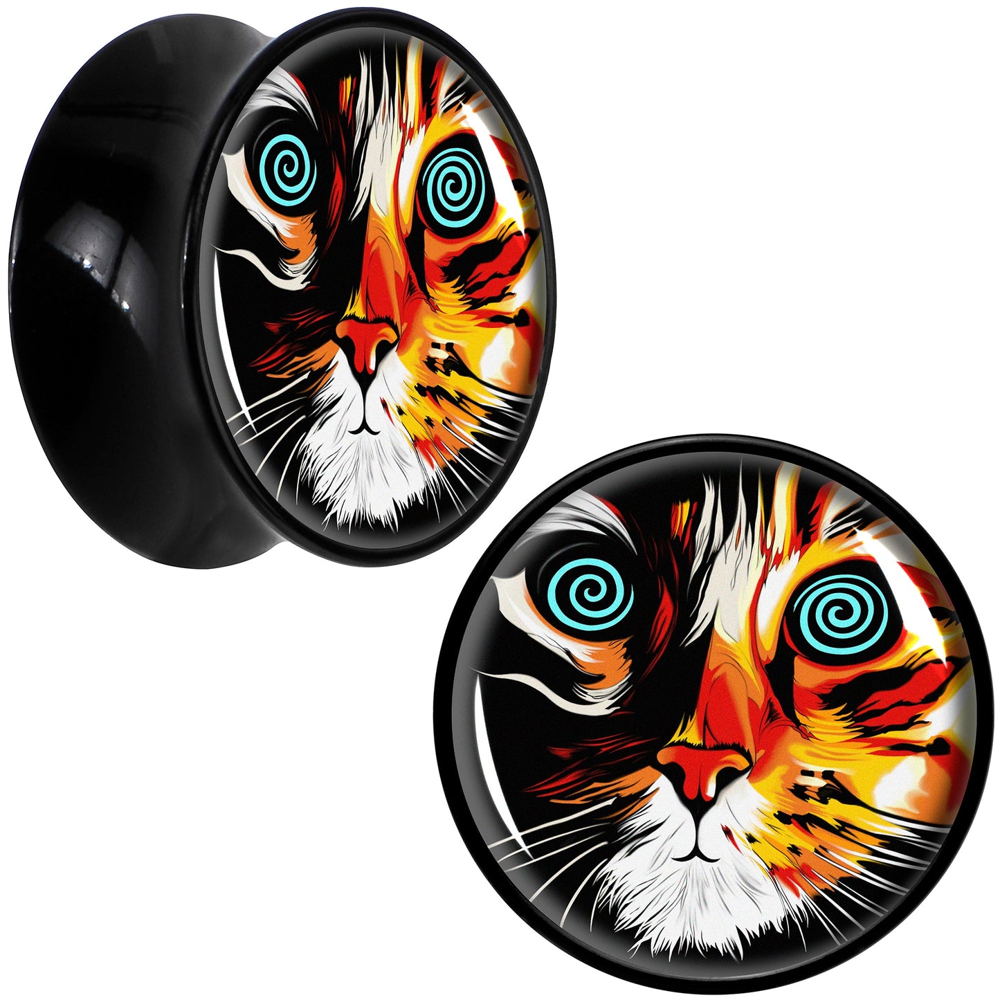 Colorful Trippy Cat Black Acrylic Saddle Plug Set 8mm to 20mm by Onyx O - 20mm (13 16") - PLUG Saddle