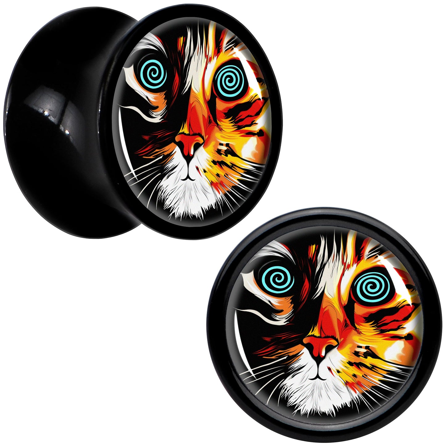 Colorful Trippy Cat Black Acrylic Saddle Plug Set 8mm to 20mm by Onyx O - 8mm (0 Gauge) - PLUG Saddle