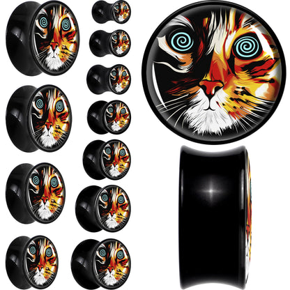 Colorful Trippy Cat Black Acrylic Saddle Plug Set 8mm to 20mm by Onyx O - - PLUG Saddle