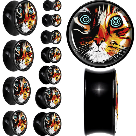 Colorful Trippy Cat Black Acrylic Saddle Plug Set 8mm to 20mm by Onyx O - - PLUG Saddle