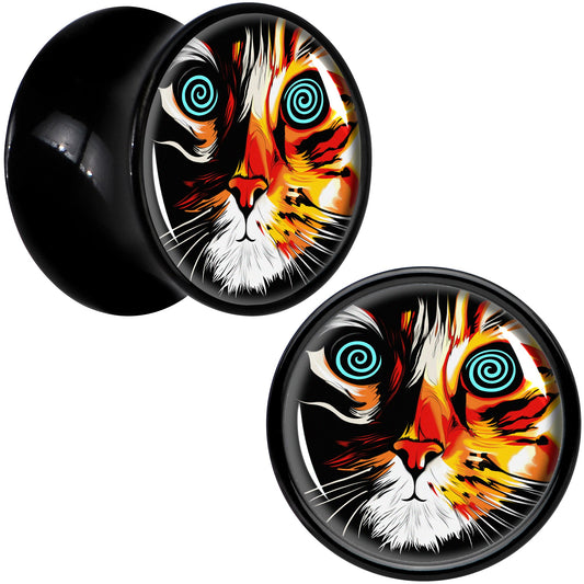 Colorful Trippy Cat Black Acrylic Saddle Plug Set 8mm to 20mm by Onyx O - - PLUG Saddle