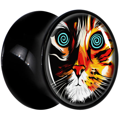 Colorful Trippy Cat Black Acrylic Saddle Plug Set 8mm to 20mm by Onyx O - - PLUG Saddle