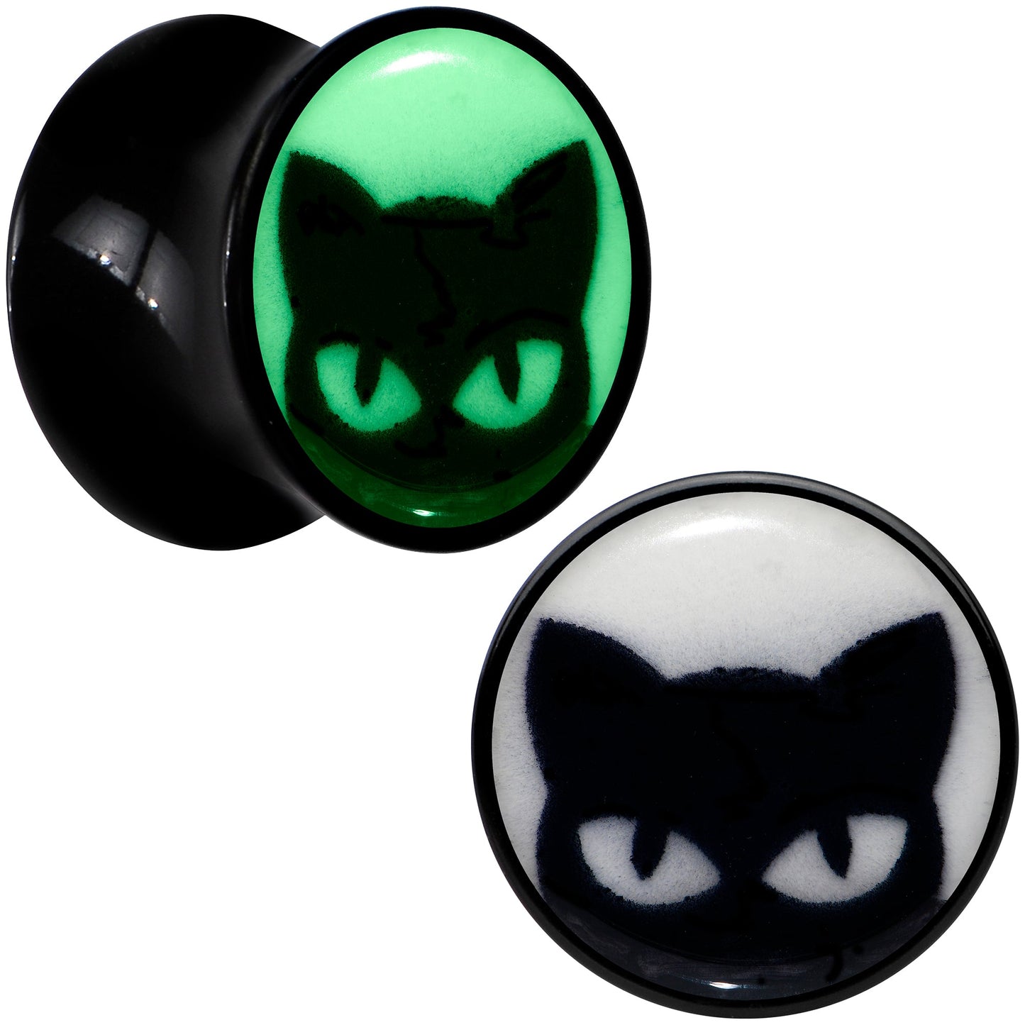 Black Acrylic Glow in the Dark Peeking Cat Double Flare Plug Set by Onyx O - 10mm (00 Gauge) - PLUG Double Flare
