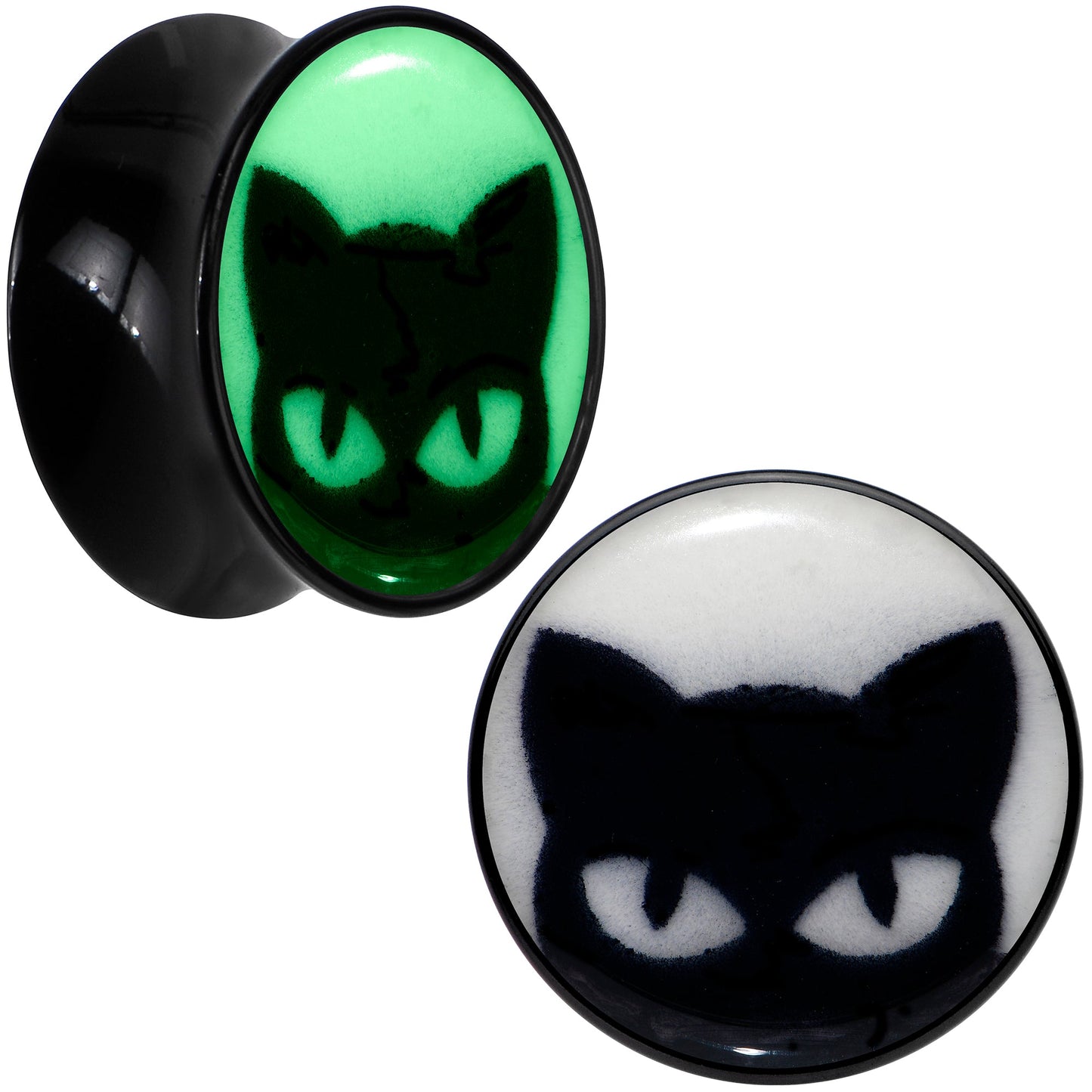 Black Acrylic Glow in the Dark Peeking Cat Double Flare Plug Set by Onyx O - 14mm (9 16") - PLUG Double Flare