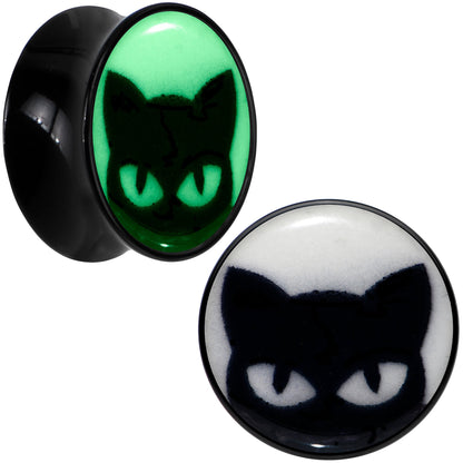 Black Acrylic Glow in the Dark Peeking Cat Double Flare Plug Set by Onyx O - 14mm (9 16") - PLUG Double Flare