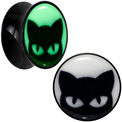 Black Acrylic Glow in the Dark Peeking Cat Double Flare Plug Set by Onyx O - 20mm (13 16") - PLUG Double Flare