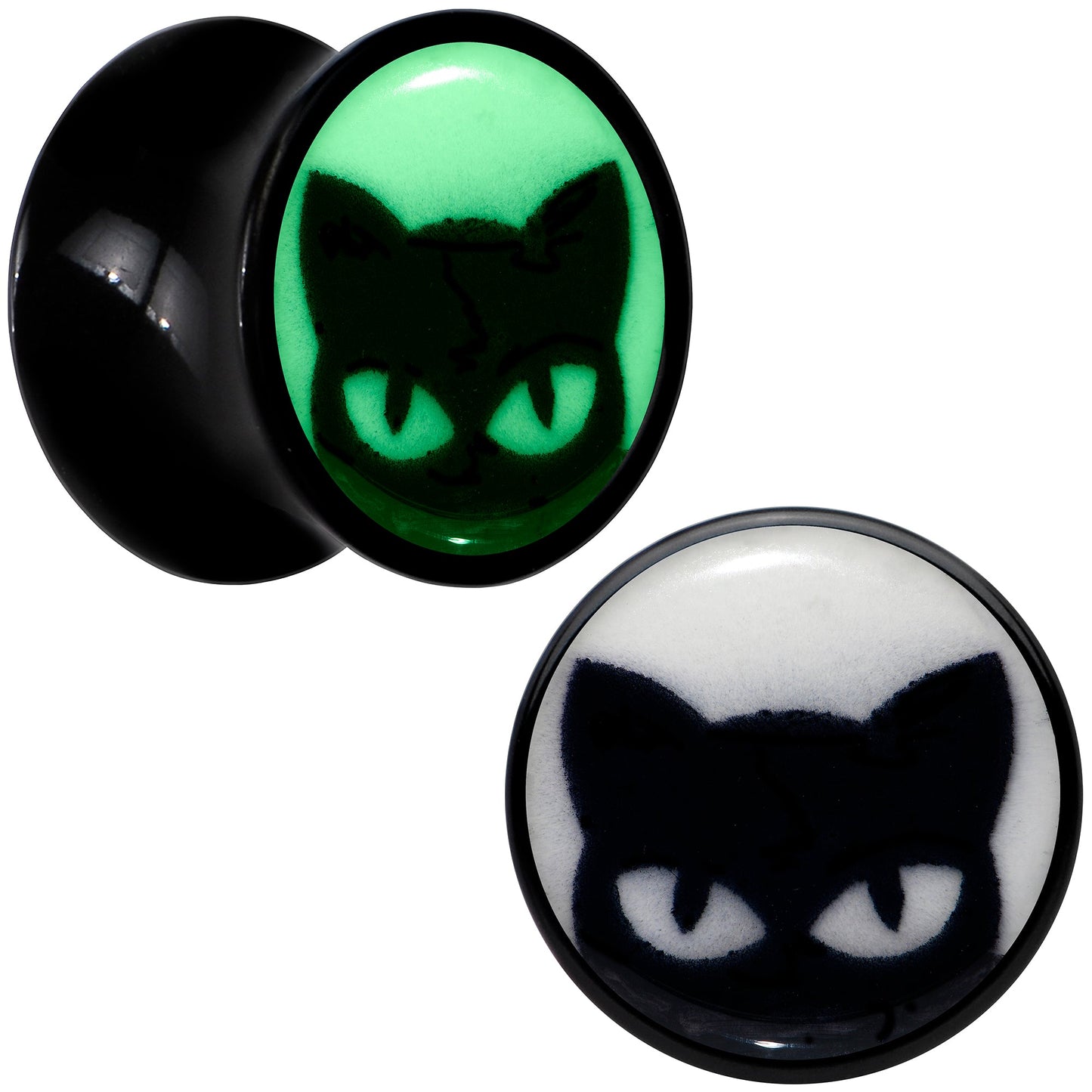 Black Acrylic Glow in the Dark Peeking Cat Double Flare Plug Set by Onyx O - 8mm (0 Gauge) - PLUG Double Flare