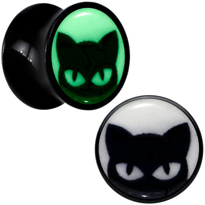 Black Acrylic Glow in the Dark Peeking Cat Double Flare Plug Set by Onyx O - 8mm (0 Gauge) - PLUG Double Flare