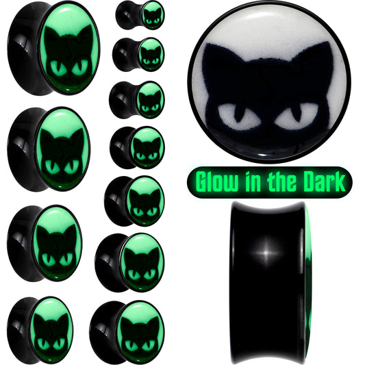 Black Acrylic Glow in the Dark Peeking Cat Double Flare Plug Set by Onyx O - - PLUG Double Flare
