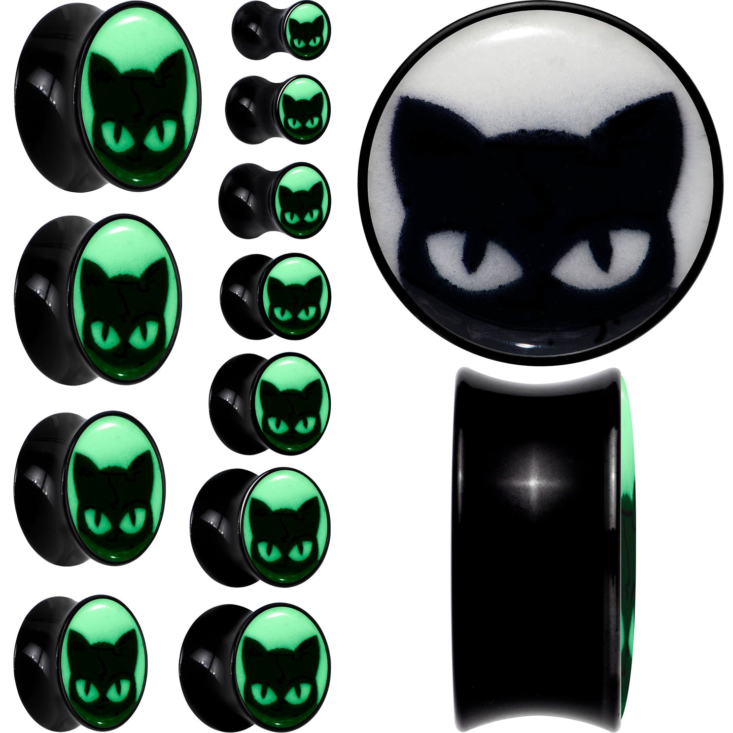 Black Acrylic Glow in the Dark Peeking Cat Double Flare Plug Set by Onyx O - - PLUG Double Flare