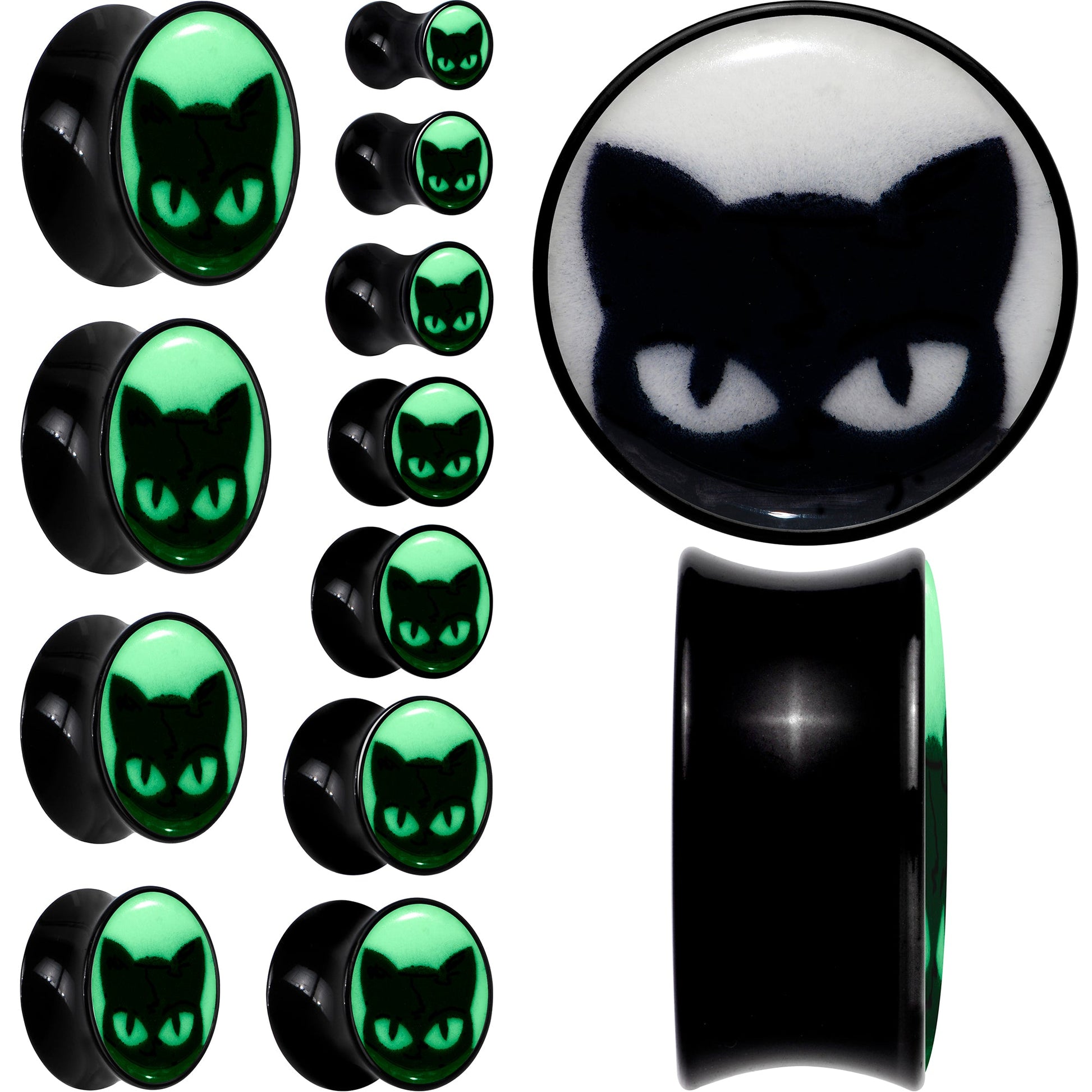 Black Acrylic Glow in the Dark Peeking Cat Double Flare Plug Set by Onyx O - - PLUG Double Flare