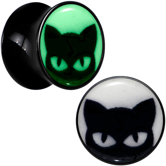 Black Acrylic Glow in the Dark Peeking Cat Double Flare Plug Set by Onyx O - - PLUG Double Flare