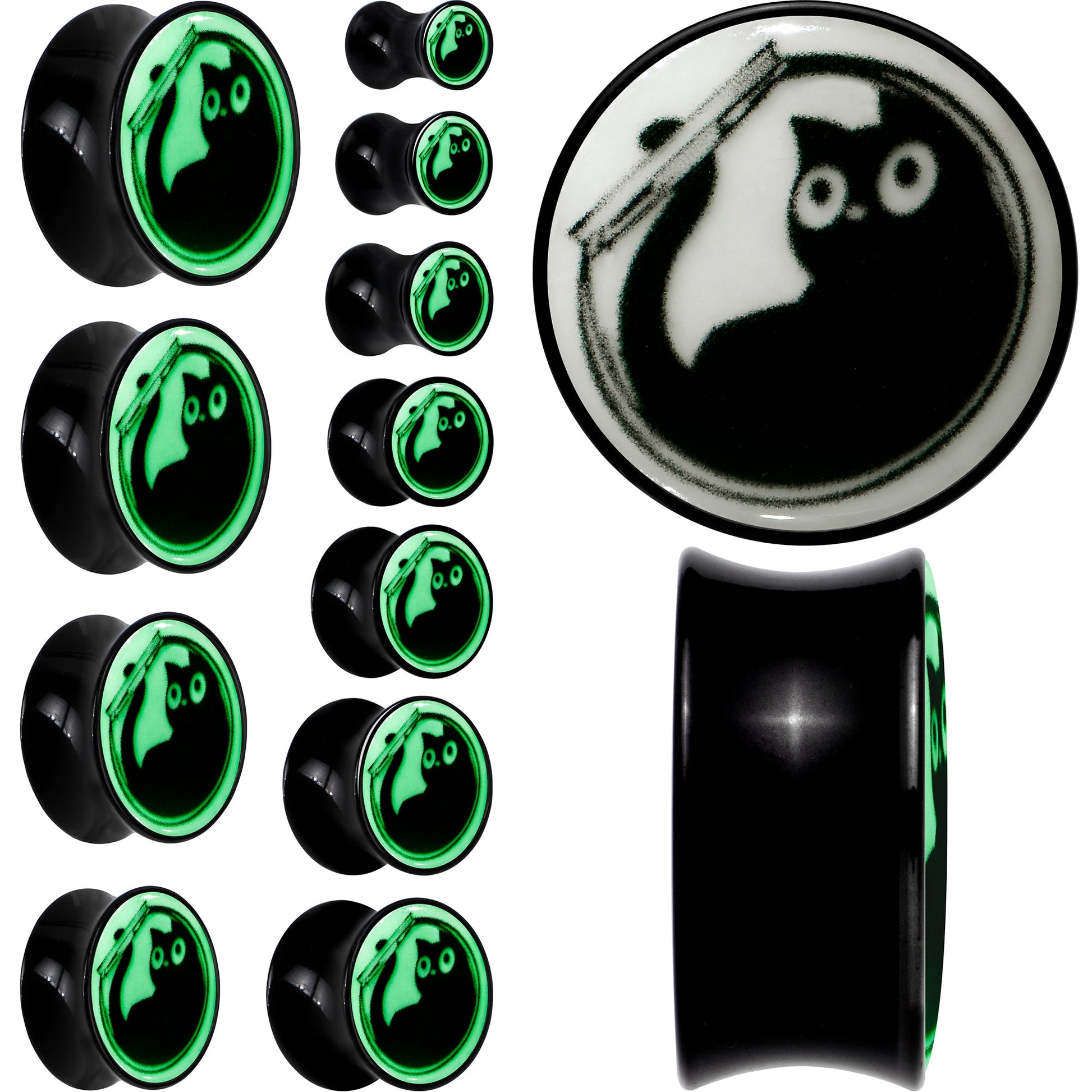 0G Glow in the Dark Fishbowl Kitty Cat Black Acrylic Saddle Plug Set by Onyx O - - PLUG Saddle