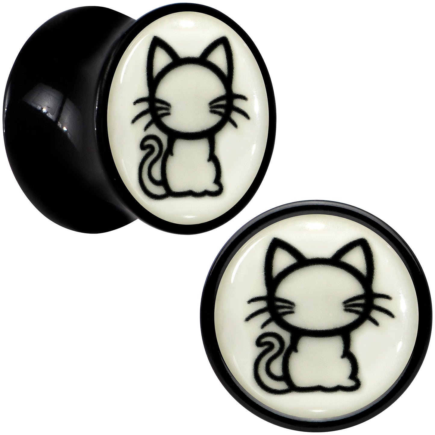 Glow in the Dark Kitty Cat Black Acrylic Saddle Plug Set 8mm to 20mm by Onyx O - 10mm (00 Gauge) - PLUG Saddle
