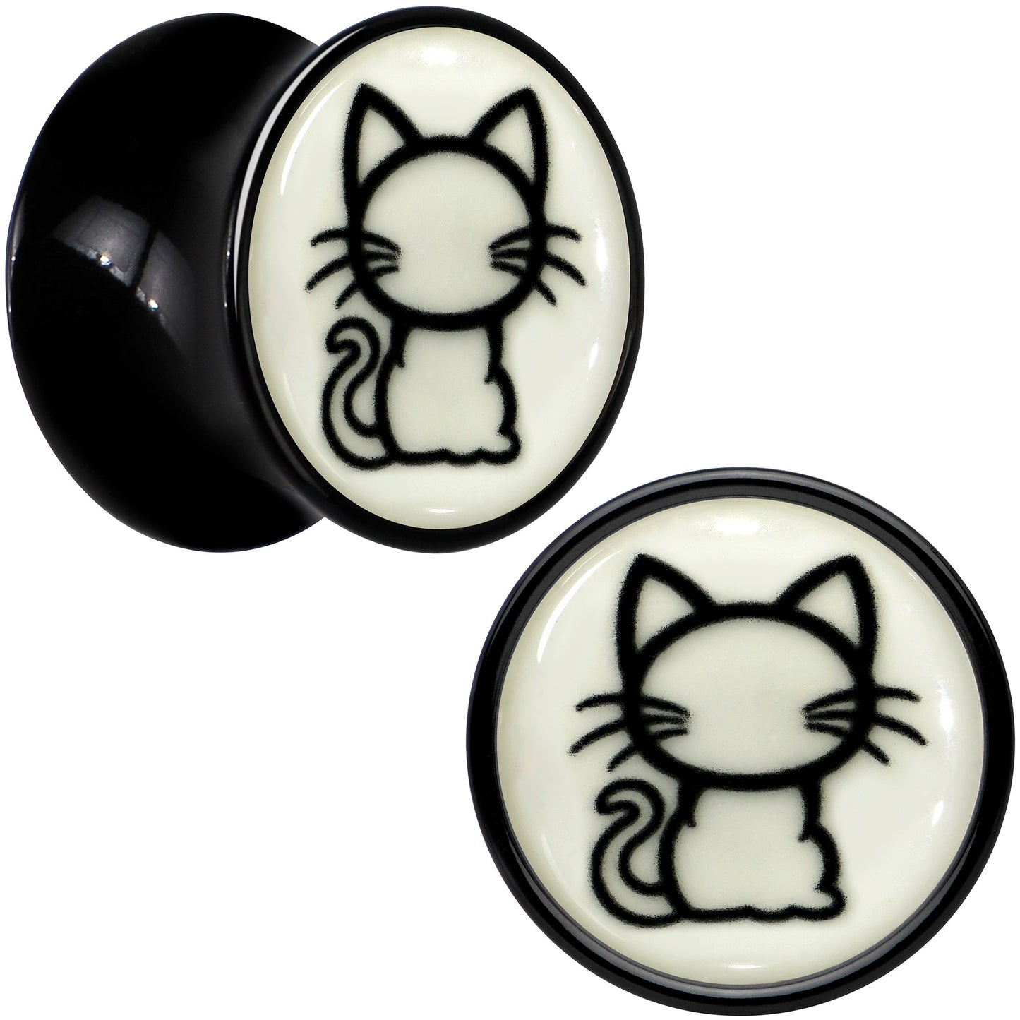 Glow in the Dark Kitty Cat Black Acrylic Saddle Plug Set 8mm to 20mm by Onyx O - 12mm (1 2") - PLUG Saddle
