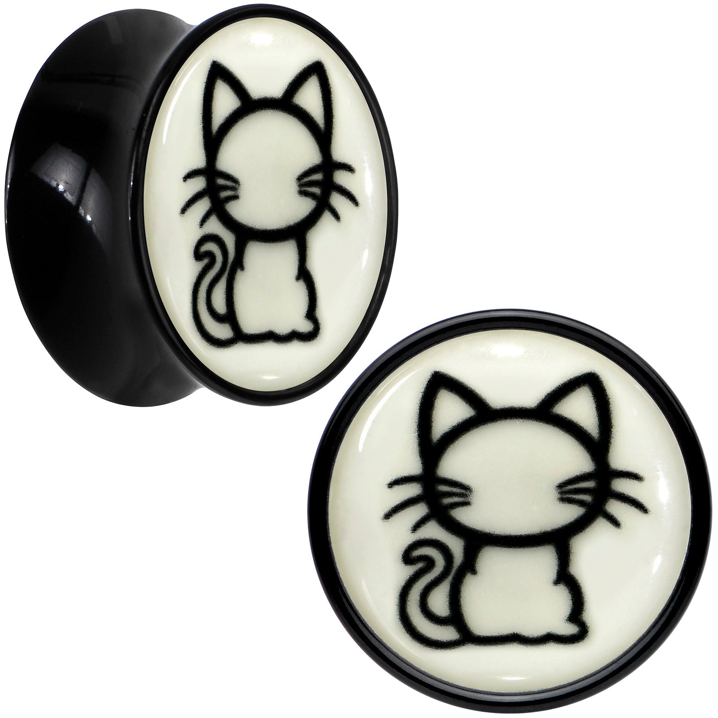 Glow in the Dark Kitty Cat Black Acrylic Saddle Plug Set 8mm to 20mm by Onyx O - 14mm (9 16") - PLUG Saddle