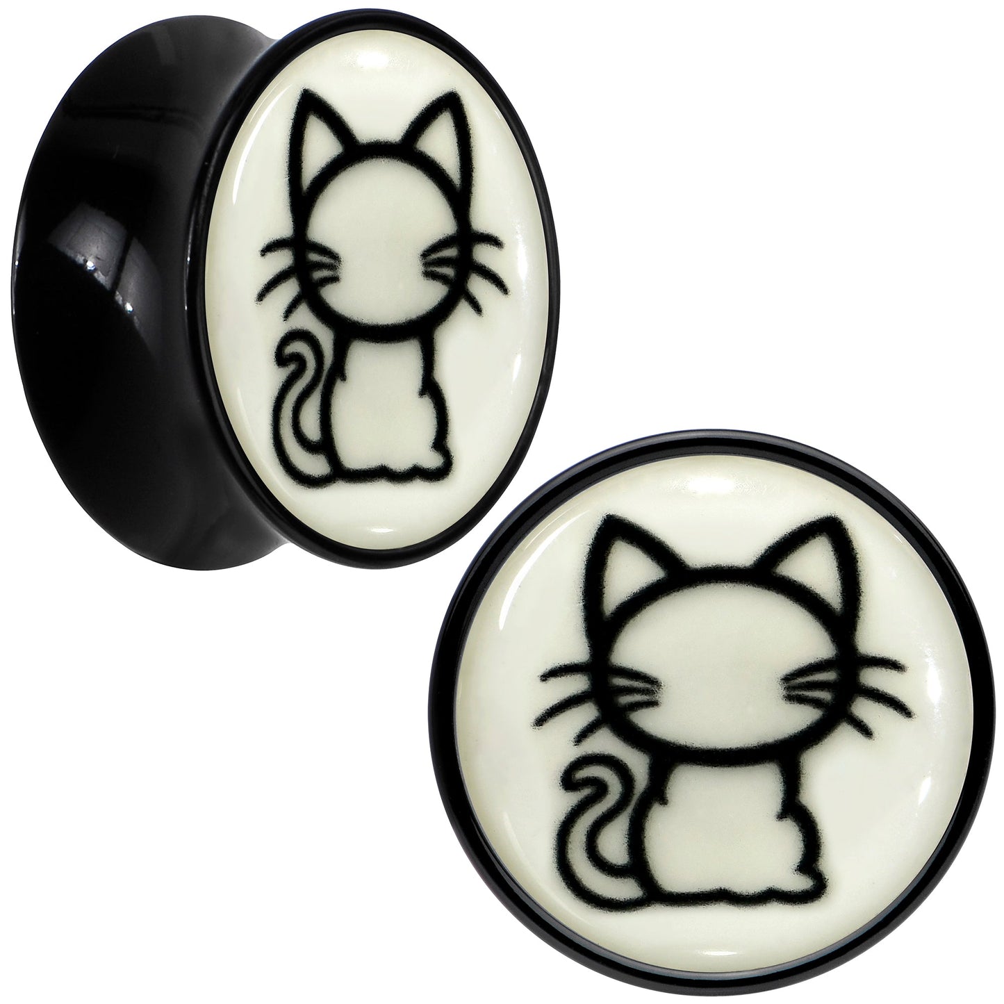 Glow in the Dark Kitty Cat Black Acrylic Saddle Plug Set 8mm to 20mm by Onyx O - 16mm (5 8") - PLUG Saddle