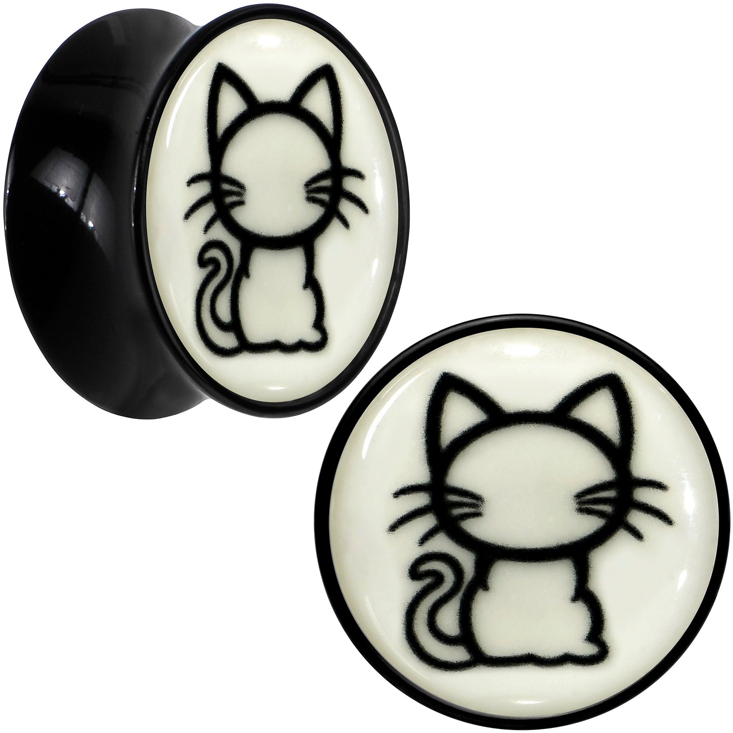 Glow in the Dark Kitty Cat Black Acrylic Saddle Plug Set 8mm to 20mm by Onyx O - 18mm (.0709") - PLUG Saddle