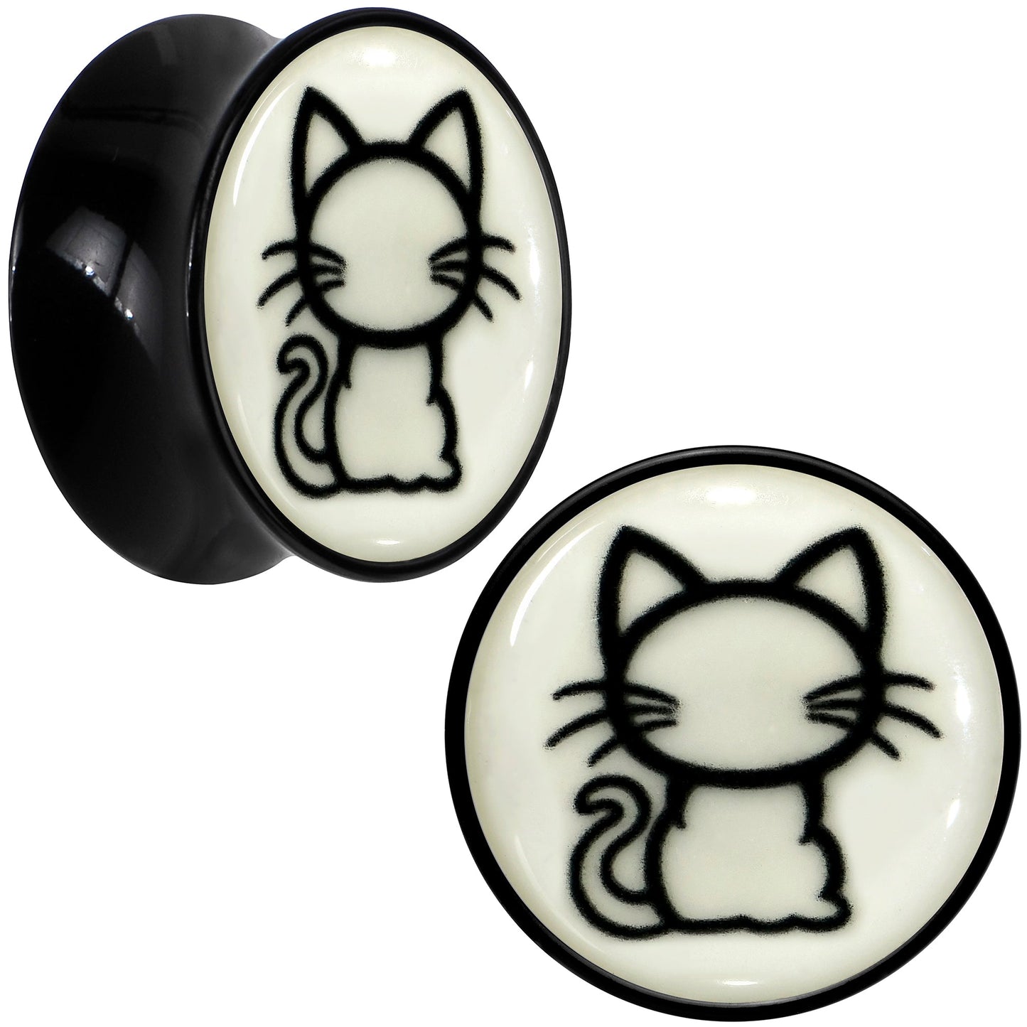 Glow in the Dark Kitty Cat Black Acrylic Saddle Plug Set 8mm to 20mm by Onyx O - 20mm (13 16") - PLUG Saddle