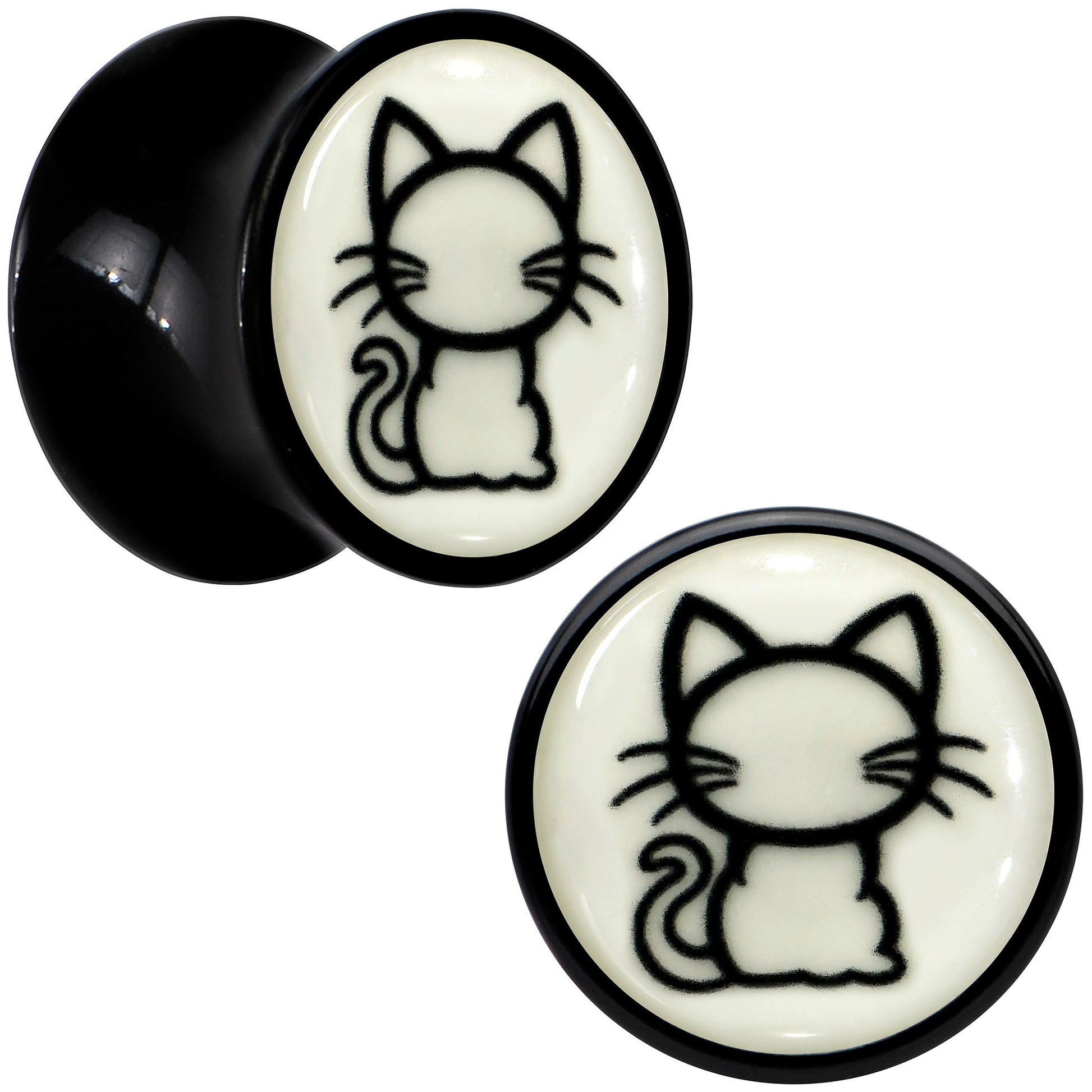 Glow in the Dark Kitty Cat Black Acrylic Saddle Plug Set 8mm to 20mm by Onyx O - 8mm (0 Gauge) - PLUG Saddle