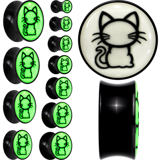 Glow in the Dark Kitty Cat Black Acrylic Saddle Plug Set 8mm to 20mm by Onyx O - - PLUG Saddle