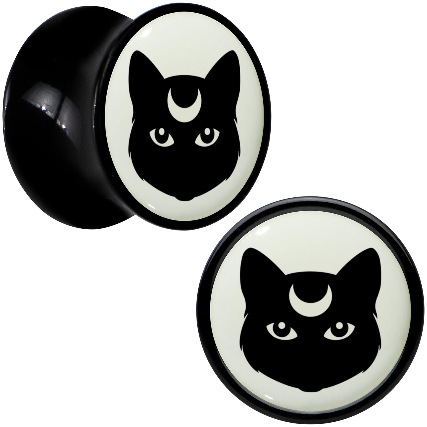 Glow in the Dark Mystic Kitty Cat Black Acrylic Saddle Plug Set by Onyx O - 10mm (00 Gauge) - PLUG Saddle