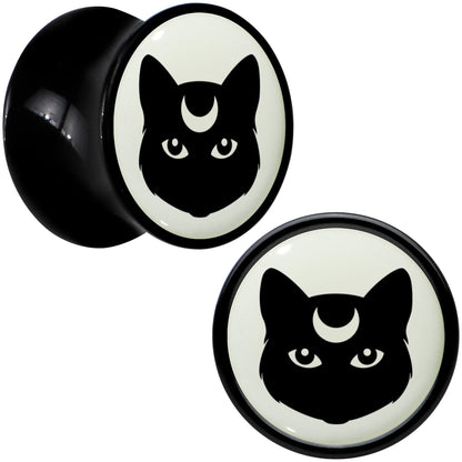 Glow in the Dark Mystic Kitty Cat Black Acrylic Saddle Plug Set by Onyx O - 10mm (00 Gauge) - PLUG Saddle