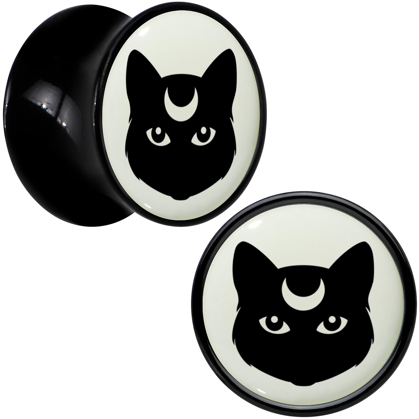 Glow in the Dark Mystic Kitty Cat Black Acrylic Saddle Plug Set by Onyx O - 13mm (34 64") - PLUG Saddle