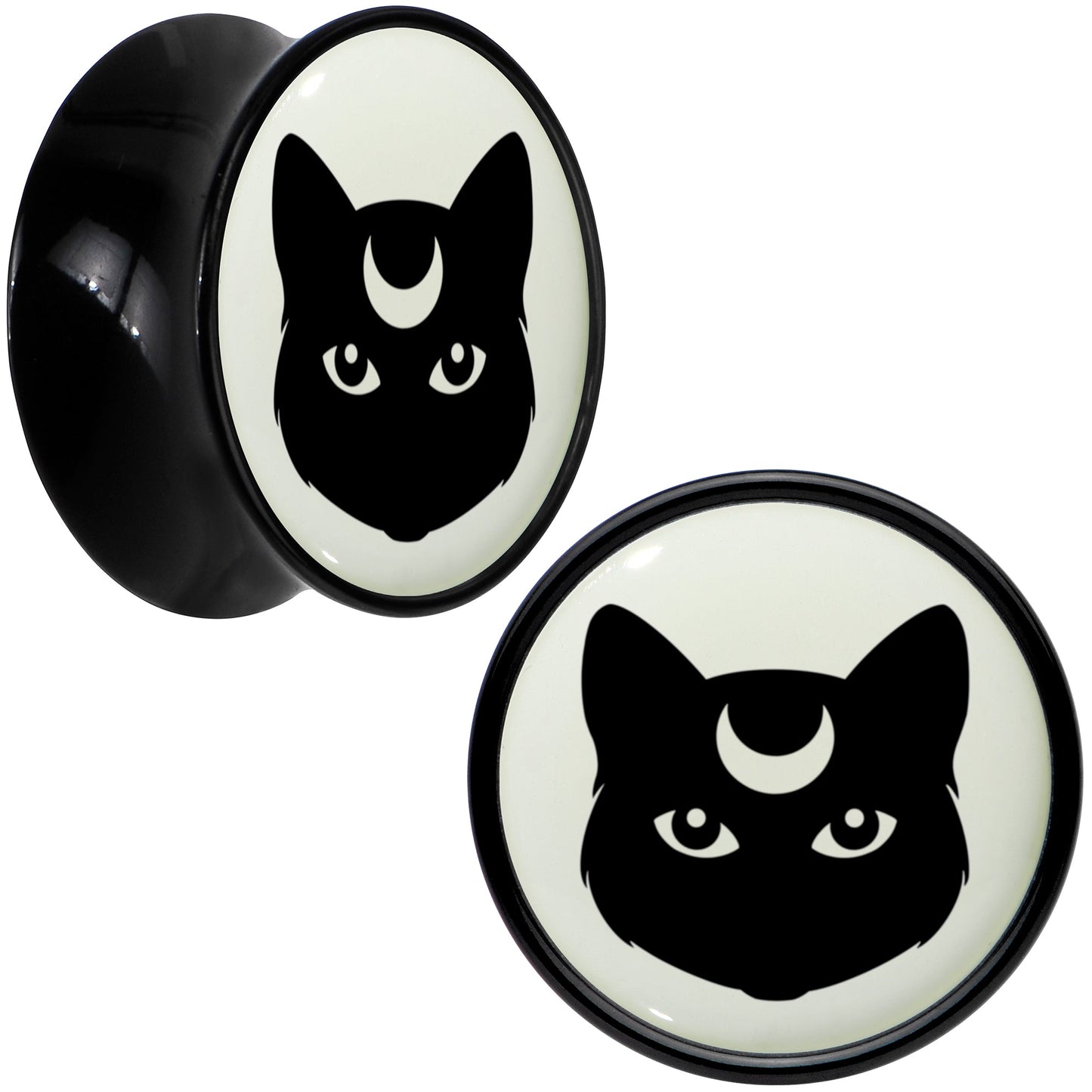Glow in the Dark Mystic Kitty Cat Black Acrylic Saddle Plug Set by Onyx O - 14mm (9 16") - PLUG Saddle