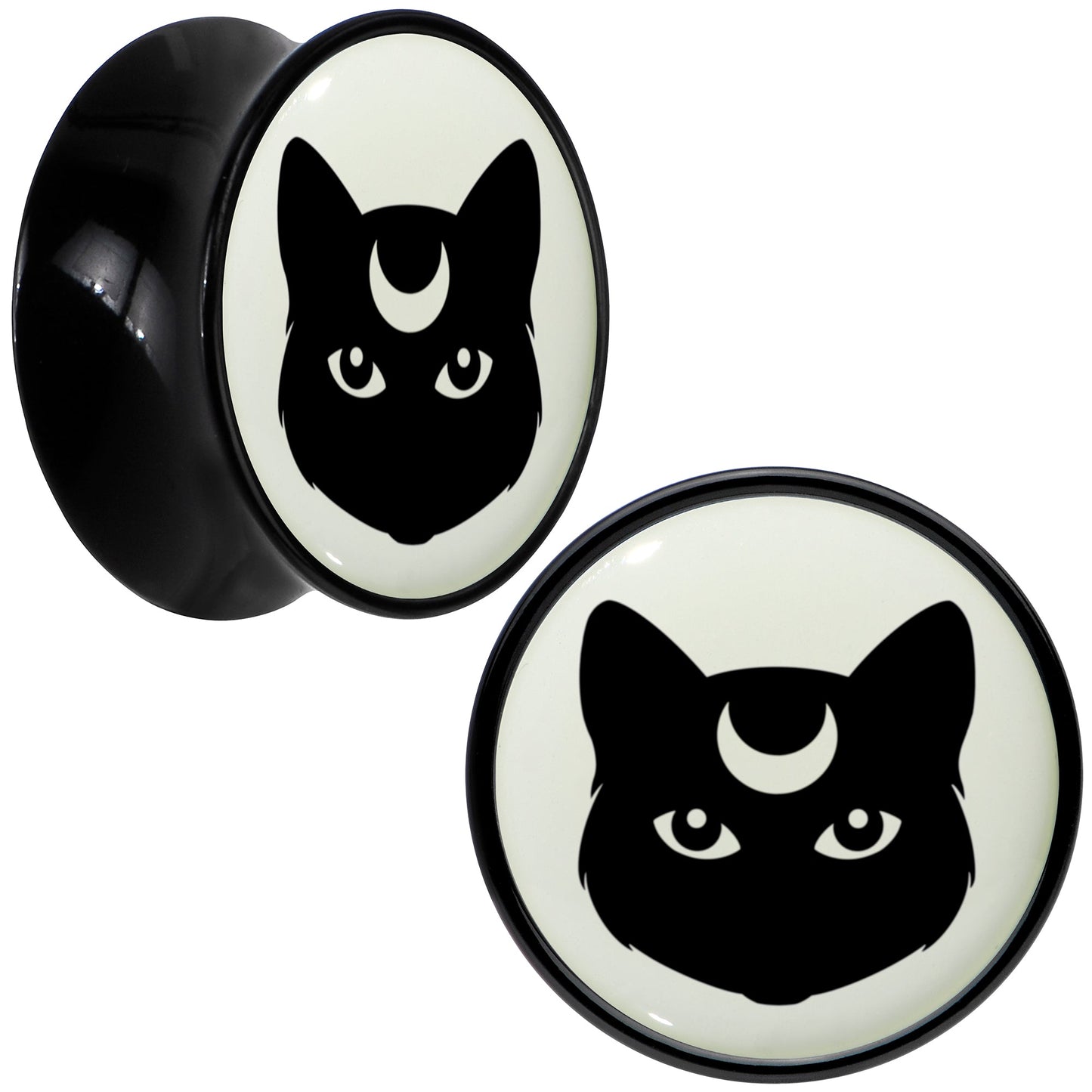 Glow in the Dark Mystic Kitty Cat Black Acrylic Saddle Plug Set by Onyx O - 16mm (5 8") - PLUG Saddle