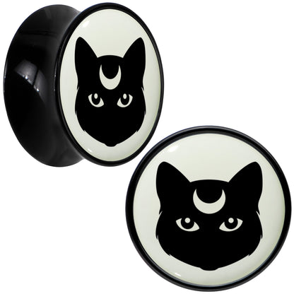 Glow in the Dark Mystic Kitty Cat Black Acrylic Saddle Plug Set by Onyx O - 16mm (5 8") - PLUG Saddle
