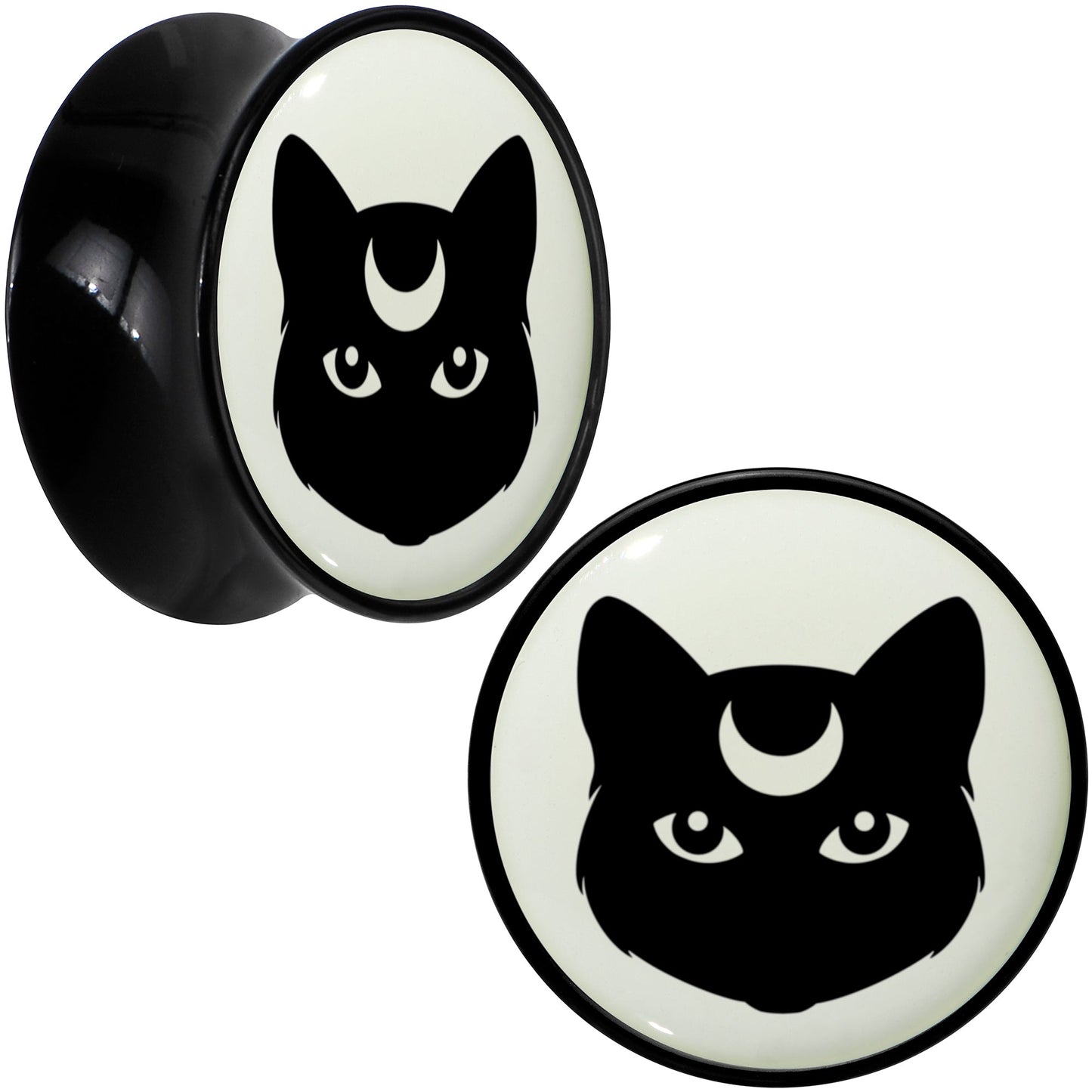 Glow in the Dark Mystic Kitty Cat Black Acrylic Saddle Plug Set by Onyx O - 18mm (.0709") - PLUG Saddle