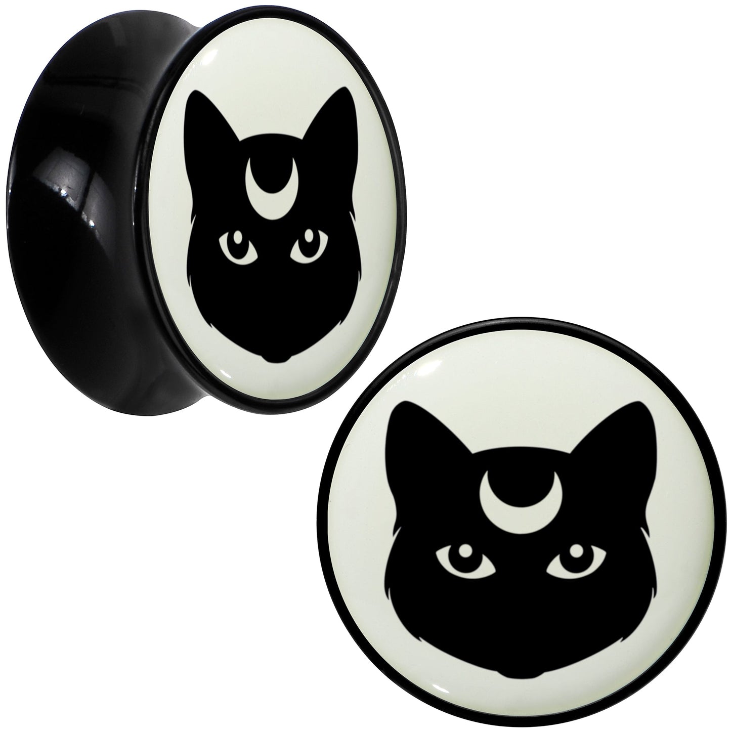Glow in the Dark Mystic Kitty Cat Black Acrylic Saddle Plug Set by Onyx O - 20mm (13 16") - PLUG Saddle