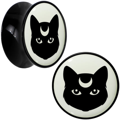 Glow in the Dark Mystic Kitty Cat Black Acrylic Saddle Plug Set by Onyx O - 20mm (13 16") - PLUG Saddle