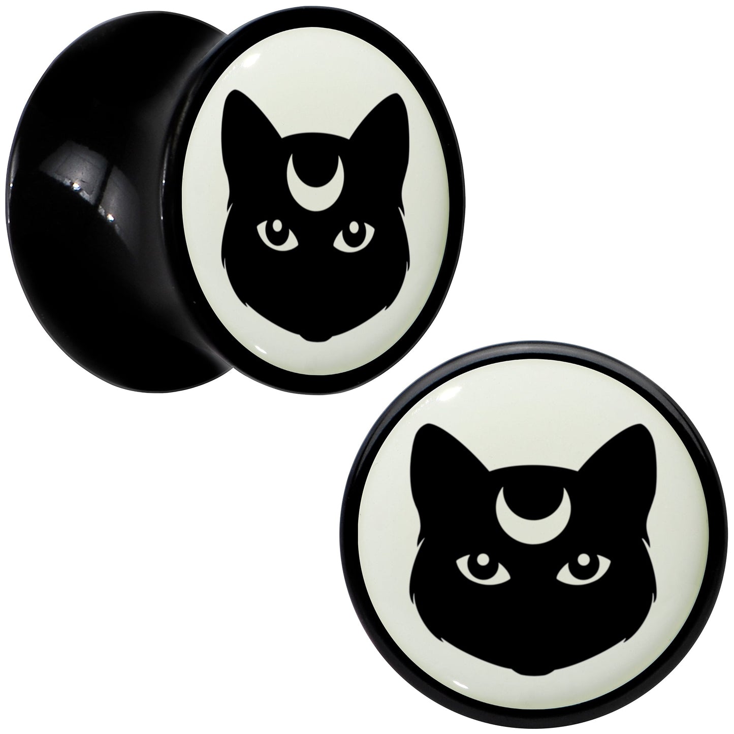 Glow in the Dark Mystic Kitty Cat Black Acrylic Saddle Plug Set by Onyx O - 8mm (0 Gauge) - PLUG Saddle