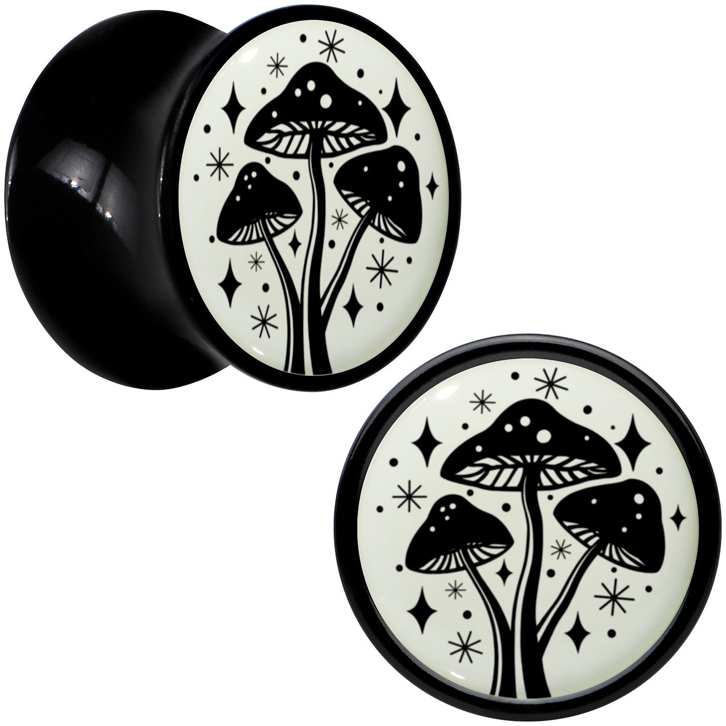 Glow in the Dark Mystic Mushroom Black Acrylic Saddle Plug Set by Onyx O - 10mm (00 Gauge) - PLUG Saddle
