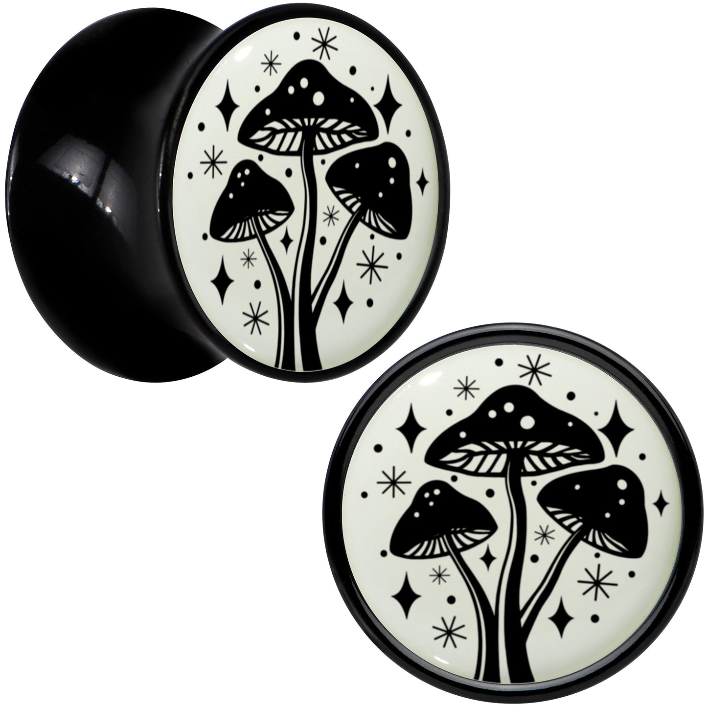 Glow in the Dark Mystic Mushroom Black Acrylic Saddle Plug Set by Onyx O - 13mm (34 64") - PLUG Saddle