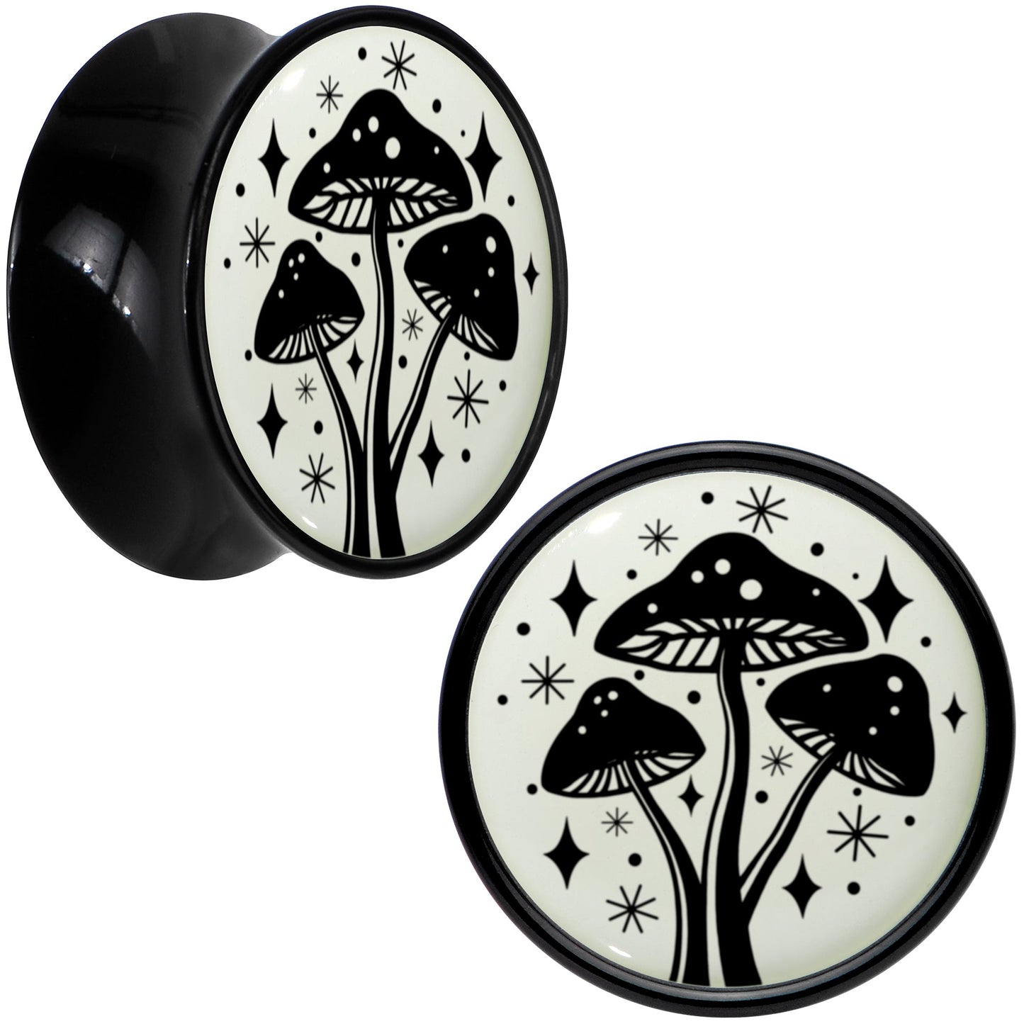 Glow in the Dark Mystic Mushroom Black Acrylic Saddle Plug Set by Onyx O - 14mm (9 16") - PLUG Saddle