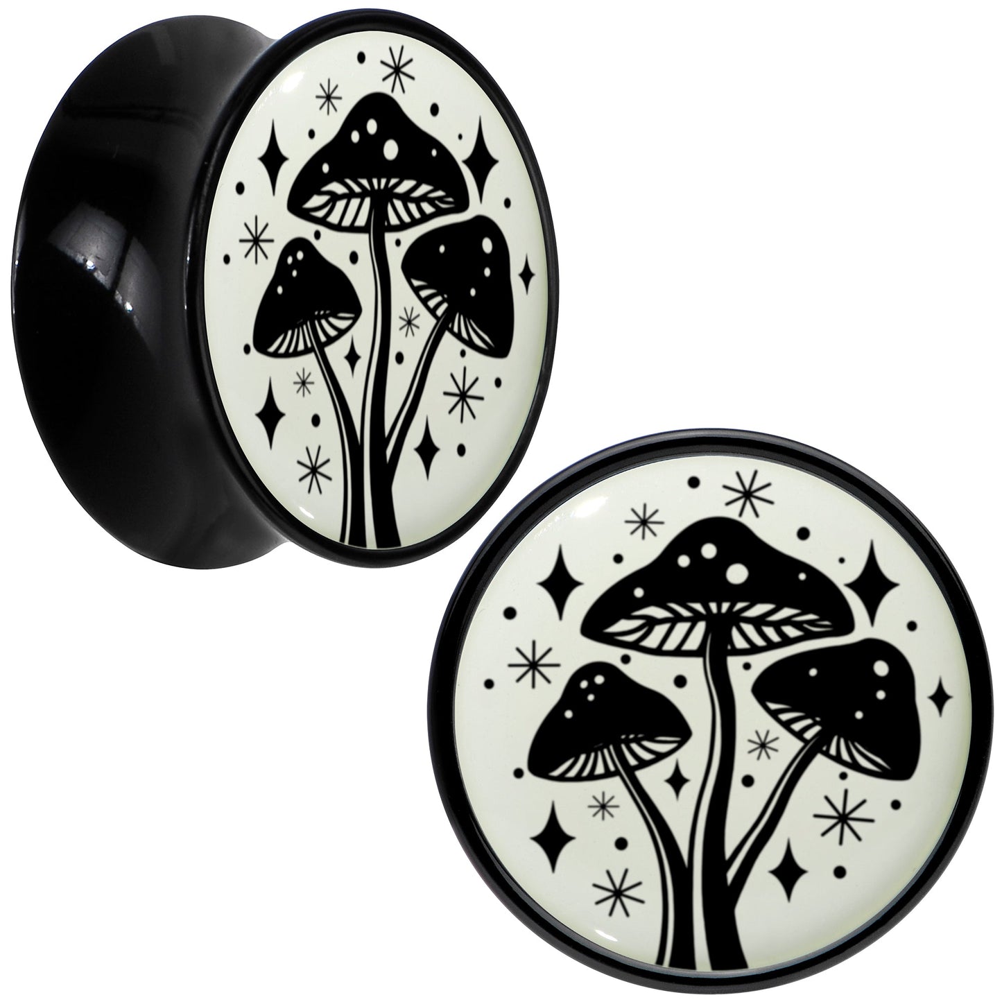 Glow in the Dark Mystic Mushroom Black Acrylic Saddle Plug Set by Onyx O - 16mm (5 8") - PLUG Saddle