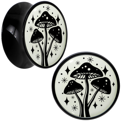 Glow in the Dark Mystic Mushroom Black Acrylic Saddle Plug Set by Onyx O - 16mm (5 8") - PLUG Saddle